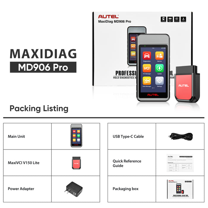 Autel MaxiDiag MD906 Pro con Bluetooth MaxiVCI V150 Lite 丨Escaneo automático de todos los sistemas丨11 servicios comunes 丨Actualización gratuita de por vida